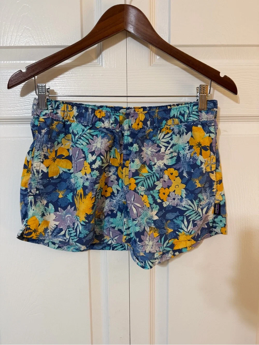Patagonia Navy Floral Athletic Shorts with Yellow & Teal Accents and Pockets